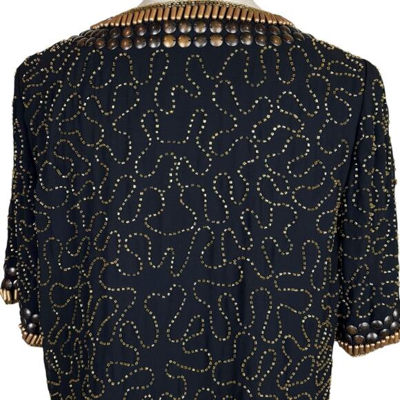 Hazel Black Chiffon Studded Beaded Gold Short Sleeve Evening Layering Jacket - Picture 8 of 11